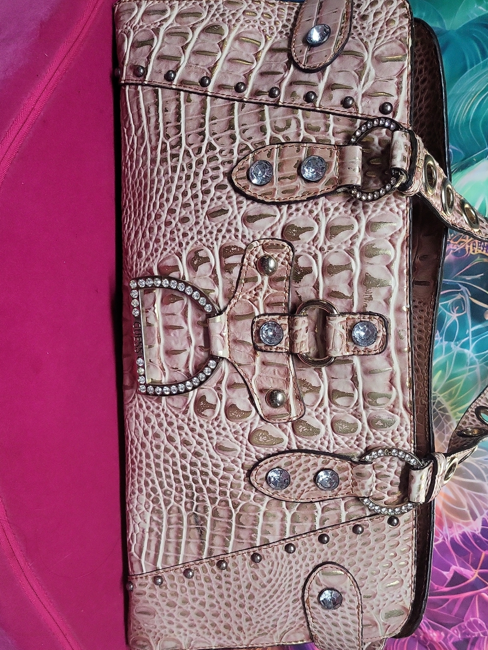 Elegant Rhinestone Accent Croc-Embossed Women’s Shoulder Bag - Blush By Guess